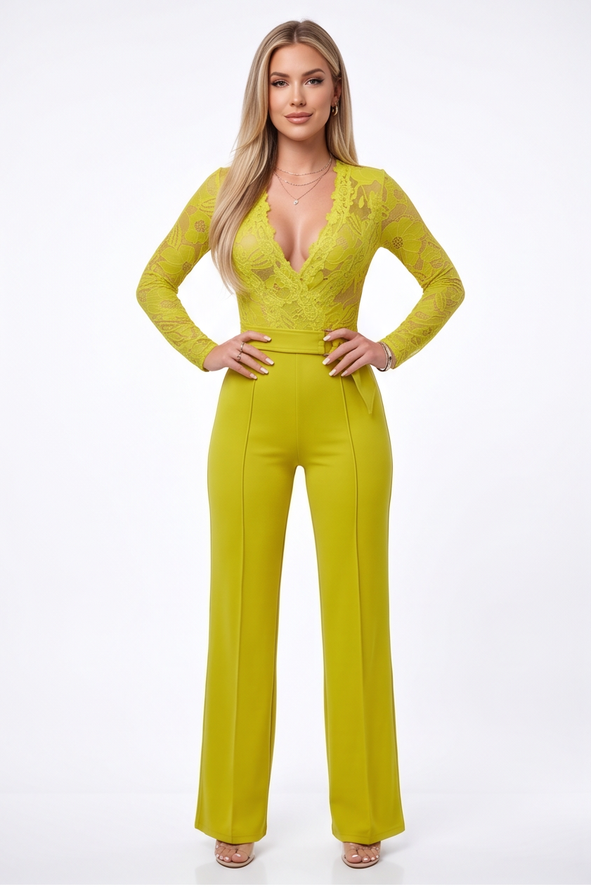 Yellow jumpsuit worn by a model from multiple angles on a white background
