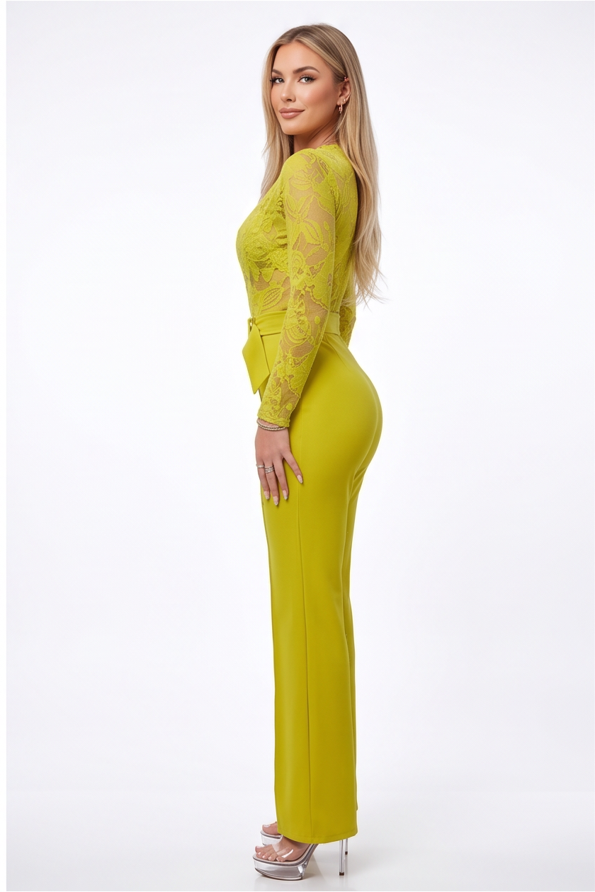 Simone Plunge Neck Lace Top Belted Jumpsuit