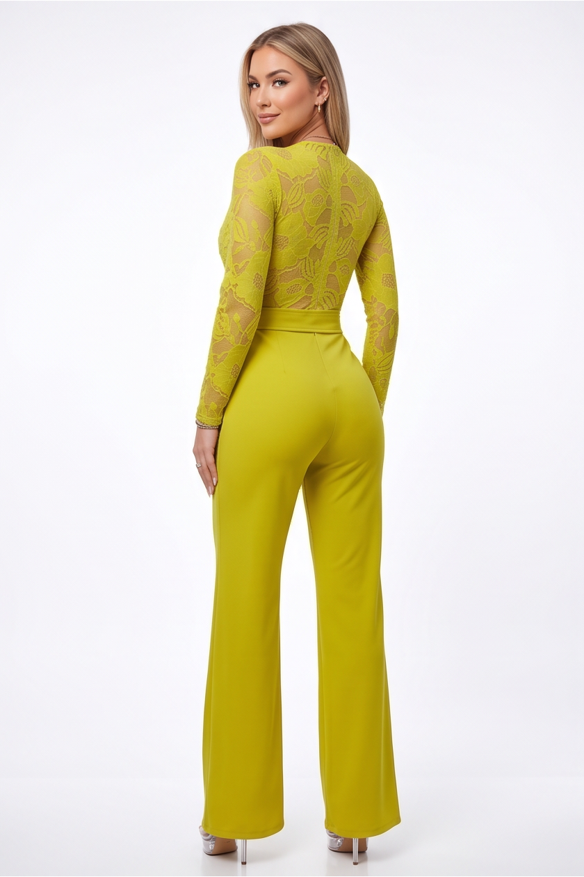 Simone Plunge Neck Lace Top Belted Jumpsuit