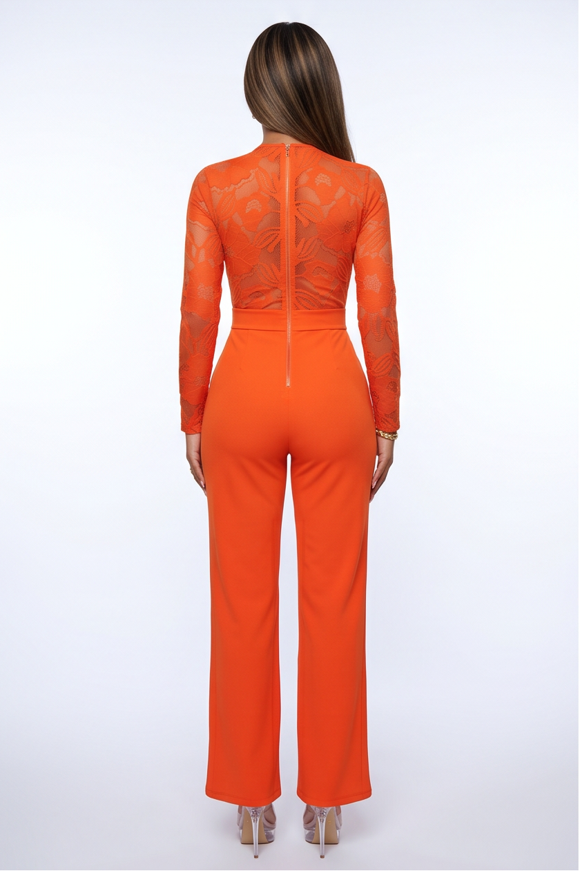 Simone Plunge Neck Lace Top Belted Jumpsuit