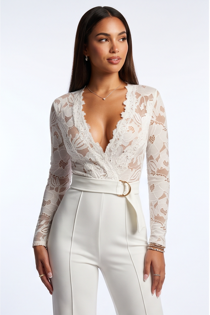 Collage of a woman wearing a white lace top and pants set on a white background