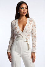 Collage of a woman wearing a white lace top and pants set on a white background