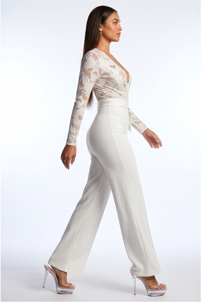 Simone Plunge Neck Lace Top Belted Jumpsuit