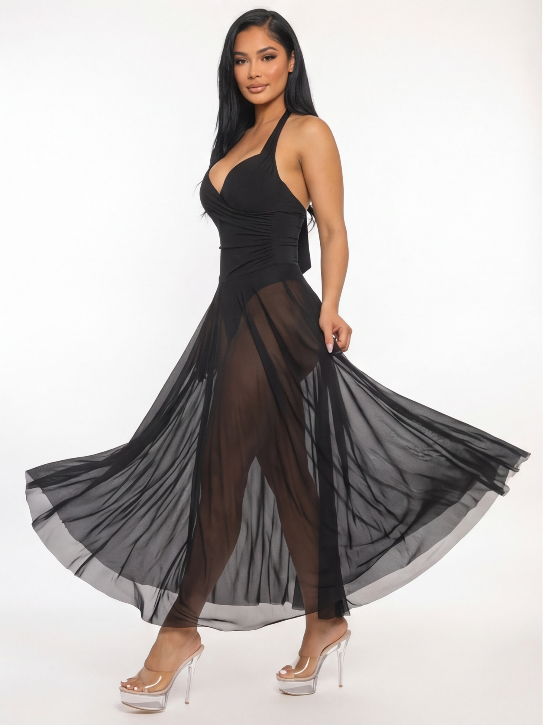 Sirena Halter Neck Sheer Veil Maxi Dress