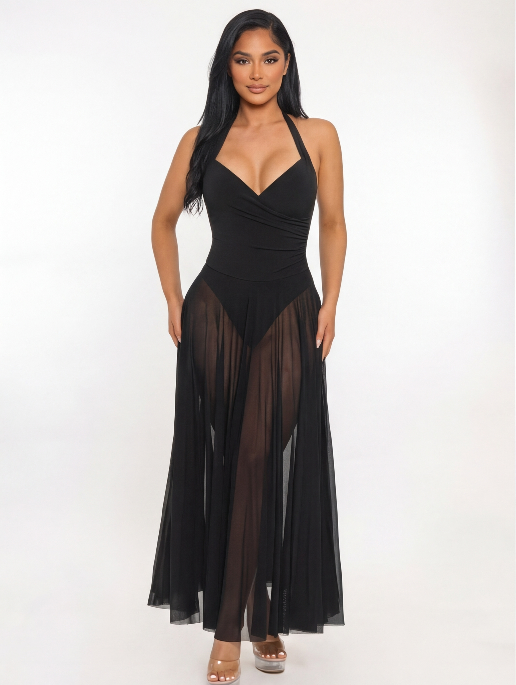 Sirena Halter Neck Sheer Veil Maxi Dress