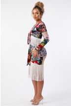 Woman wearing a colorful dress with fringe details in multiple poses on a white background