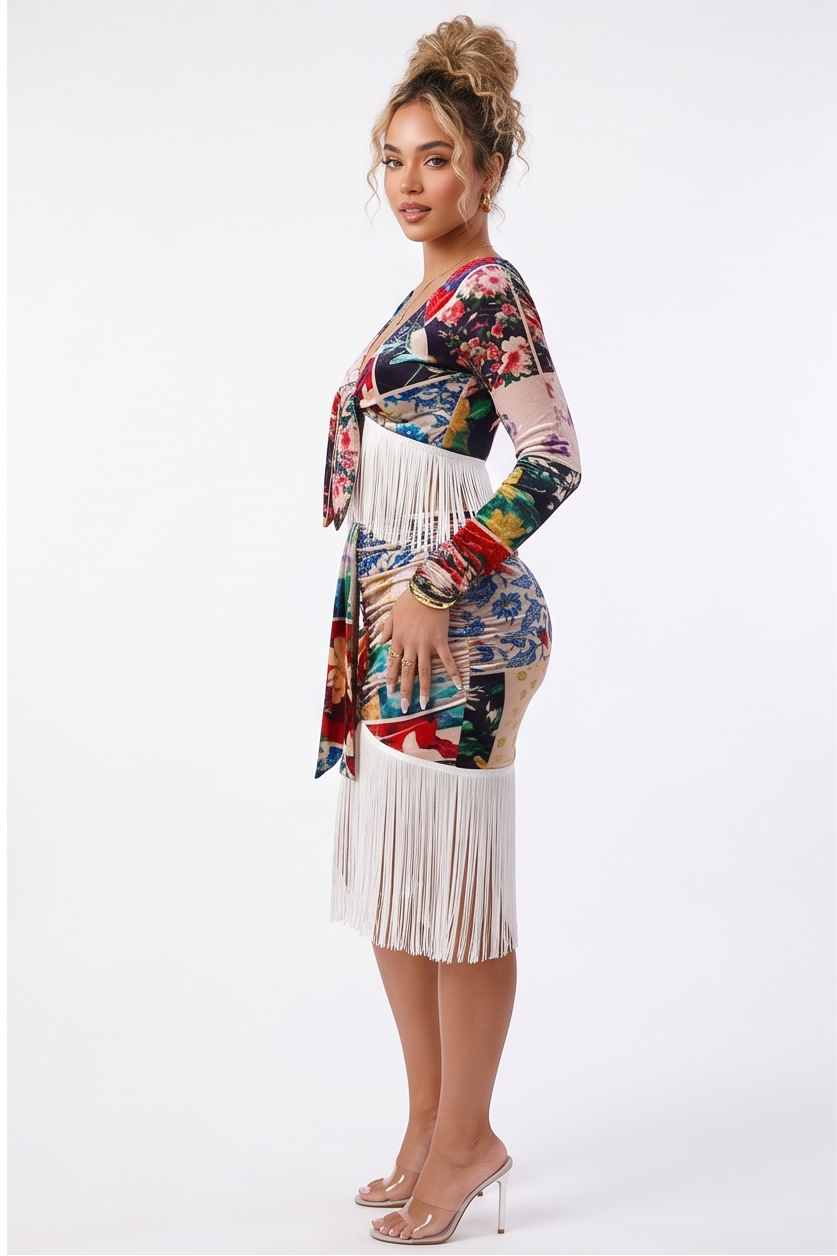Woman wearing a colorful dress with fringe details in multiple poses on a white background