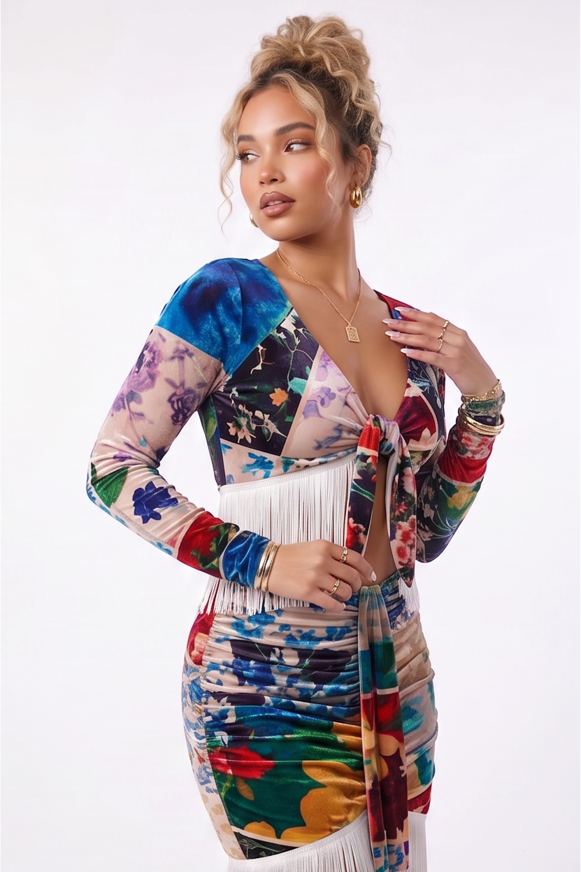 Solana Boho Fringe Romance Print Two Piece Skirt Set