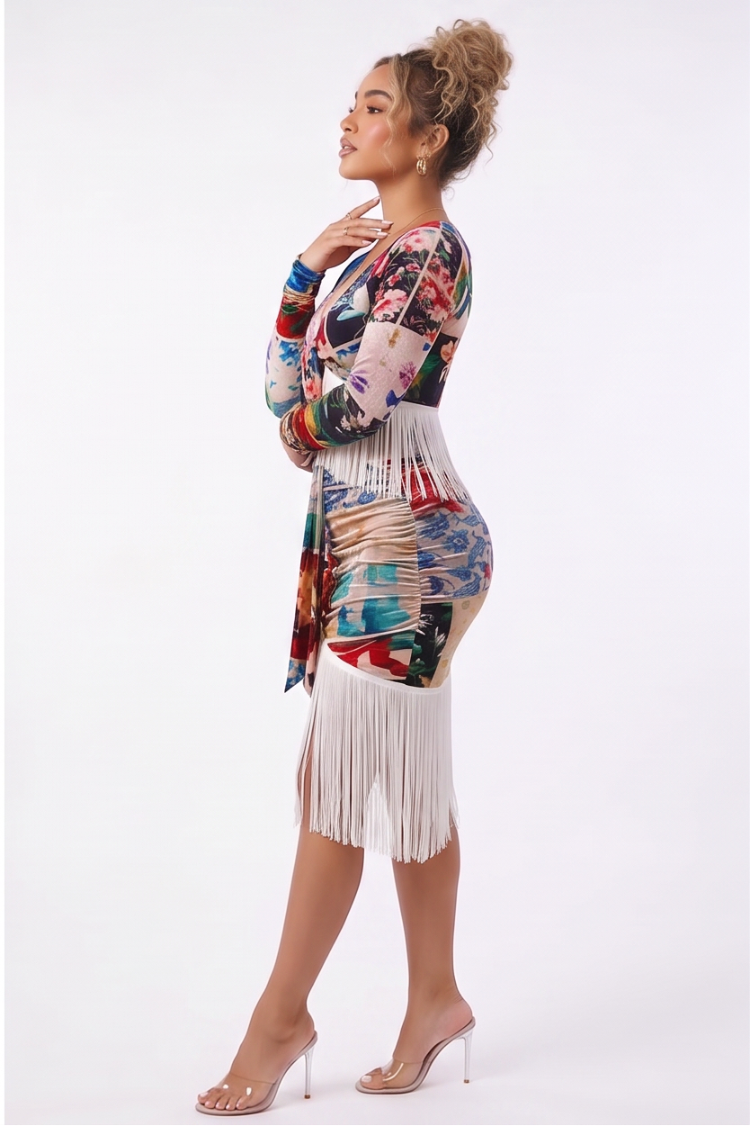 Solana Boho Fringe Romance Print Two Piece Skirt Set