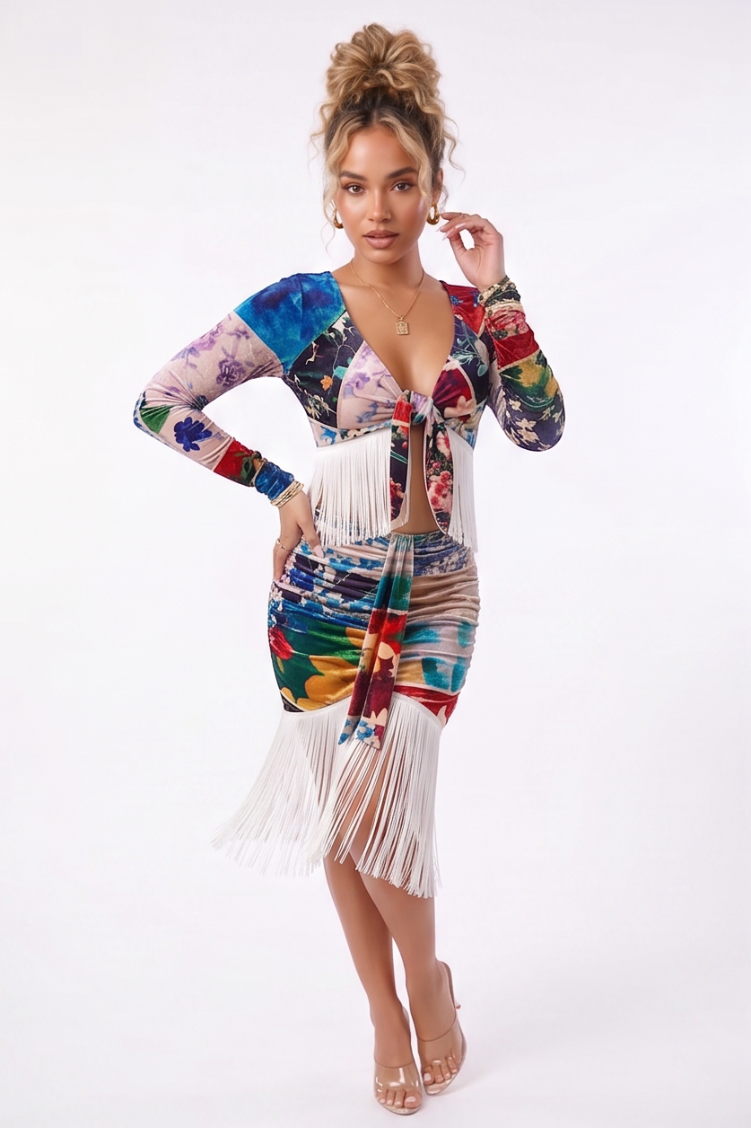 Solana Boho Fringe Romance Print Two Piece Skirt Set