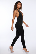 Stella Deep V Neck Rhinestones Embellished Open Back Jumpsuit