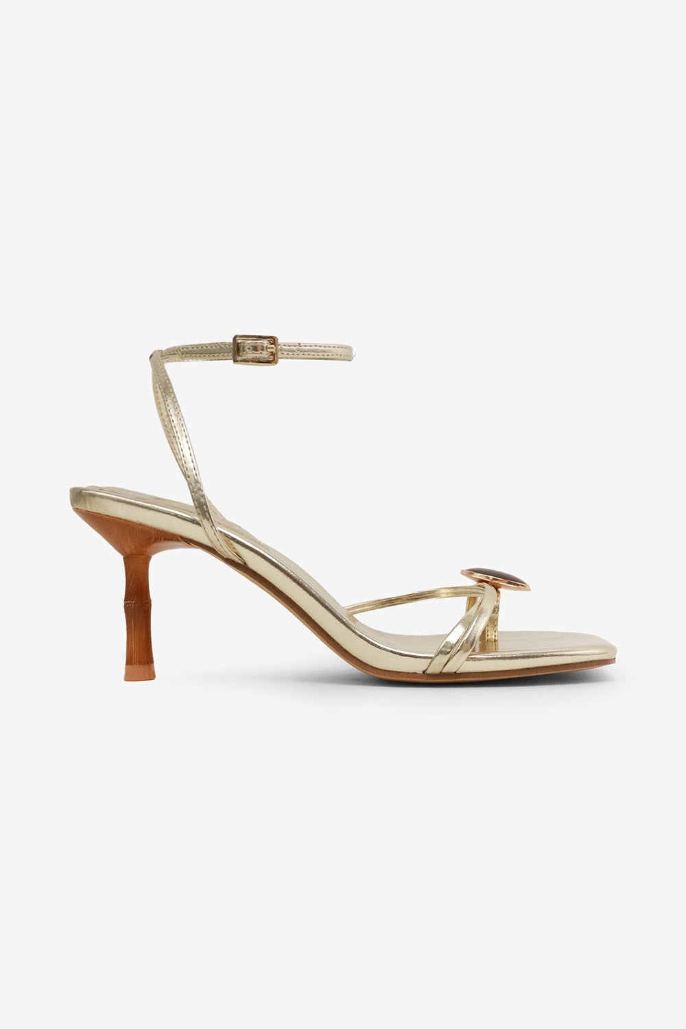 Tamia Stone Detail Square Toe Bamboo Kitten Heel Sandals