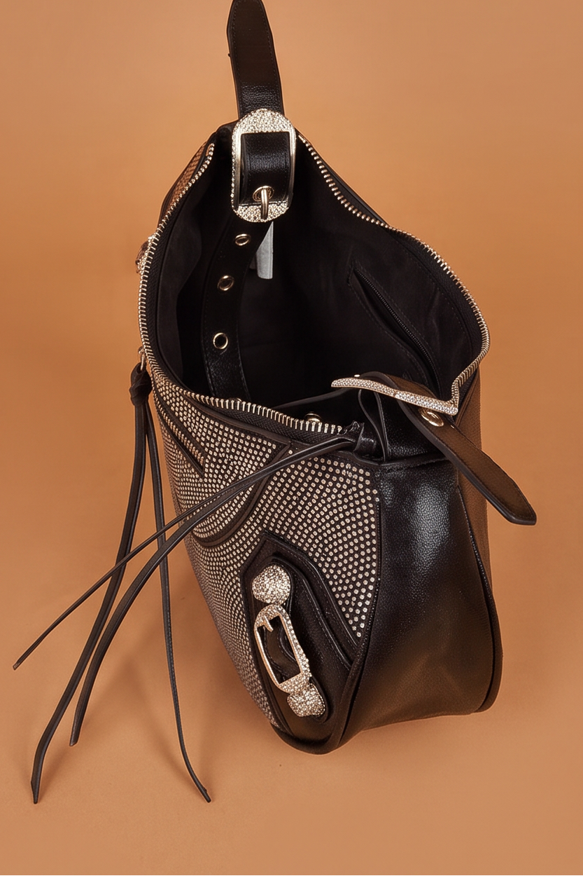 Trina Rhinestones Studded Moto Shoulder Bag