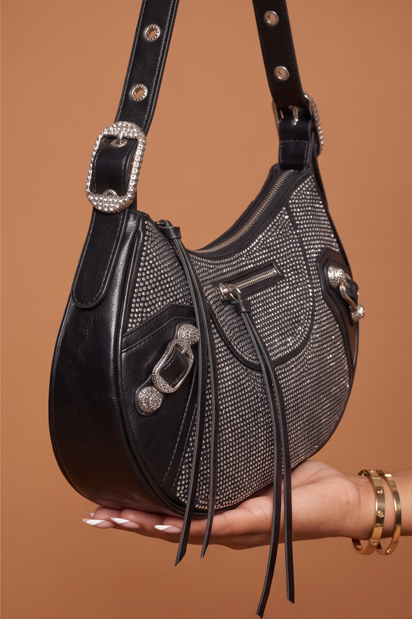 Trina Rhinestones Studded Moto Shoulder Bag