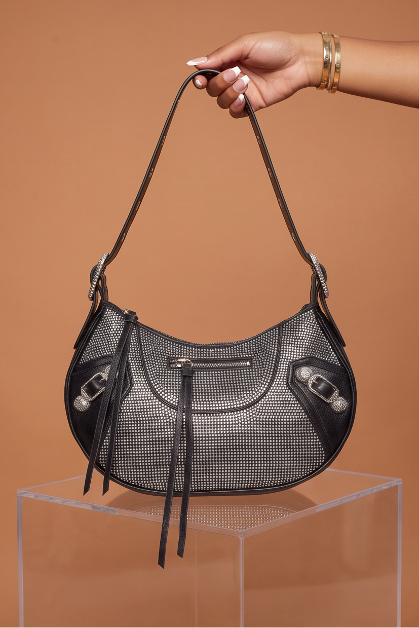 Trina Rhinestones Studded Moto Shoulder Bag