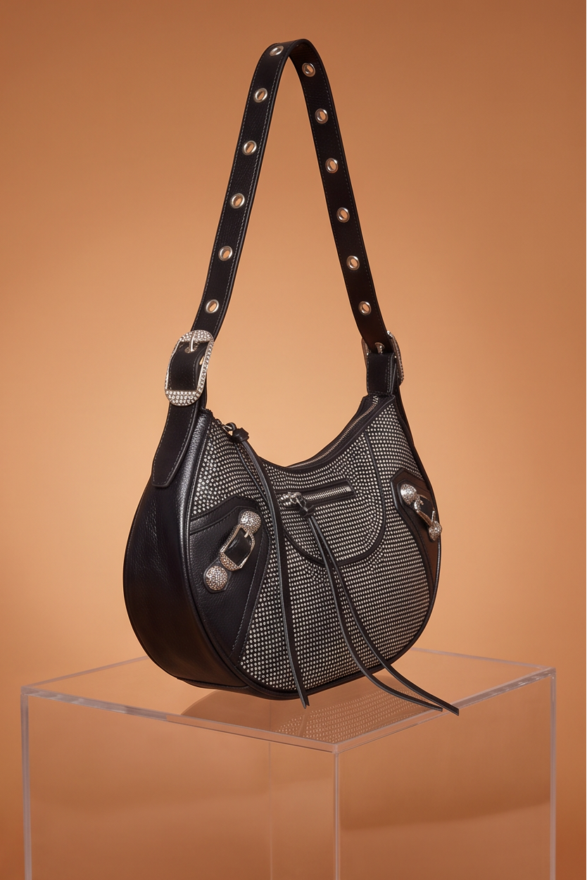 Trina Rhinestones Studded Moto Shoulder Bag