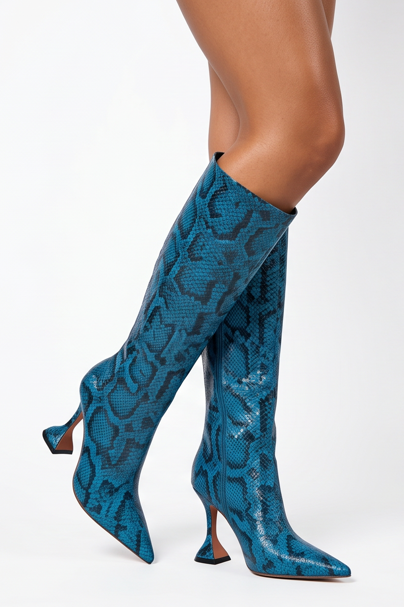 Blue knee-high boots with textured pattern worn by models on a white background