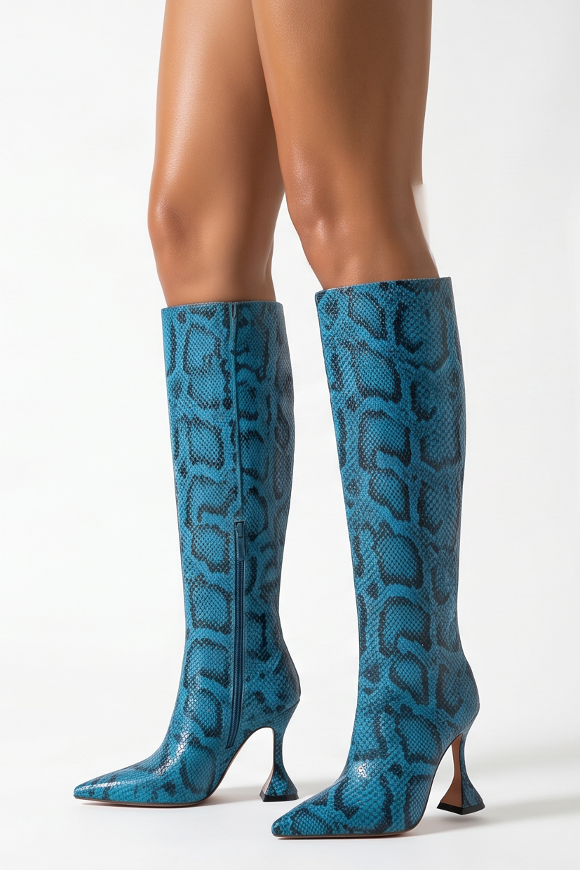 Blue knee-high boots worn by a person on a white background