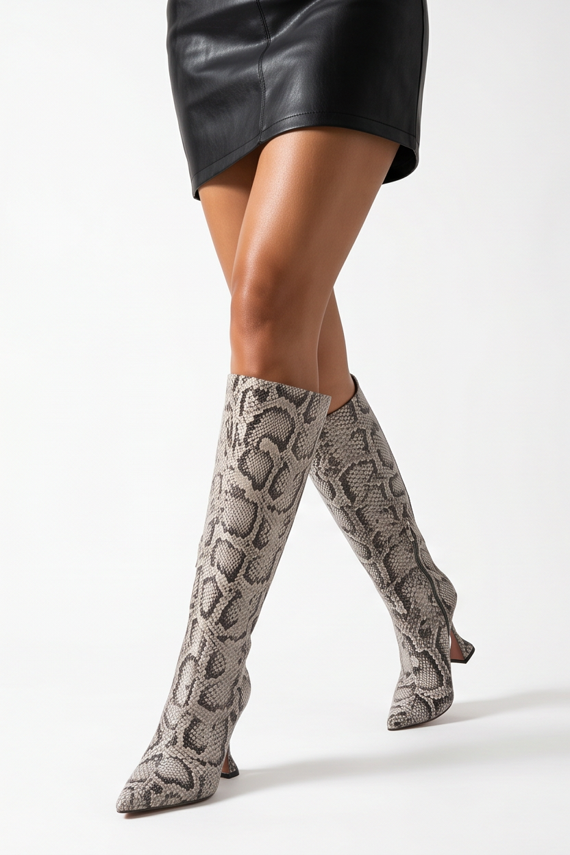 Valentina Pointed Toe Flared Heel Knee High Boots