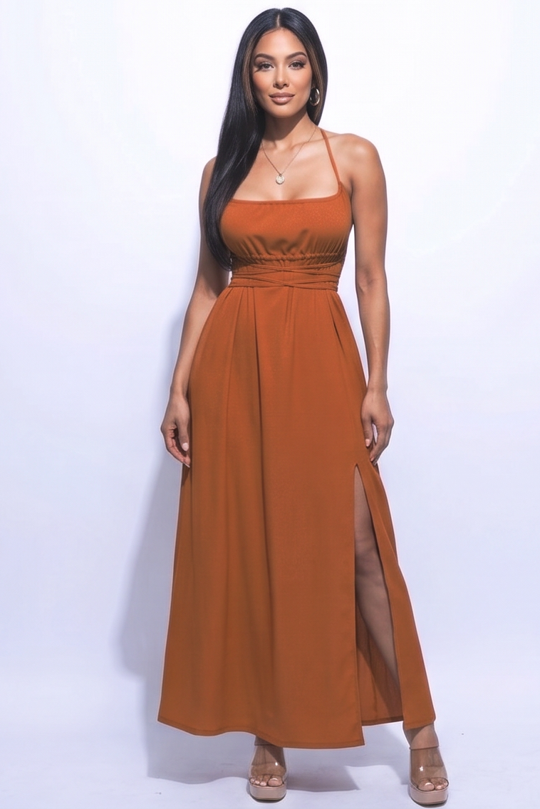 Valentina Side Slit Open Back A Line Maxi Dress