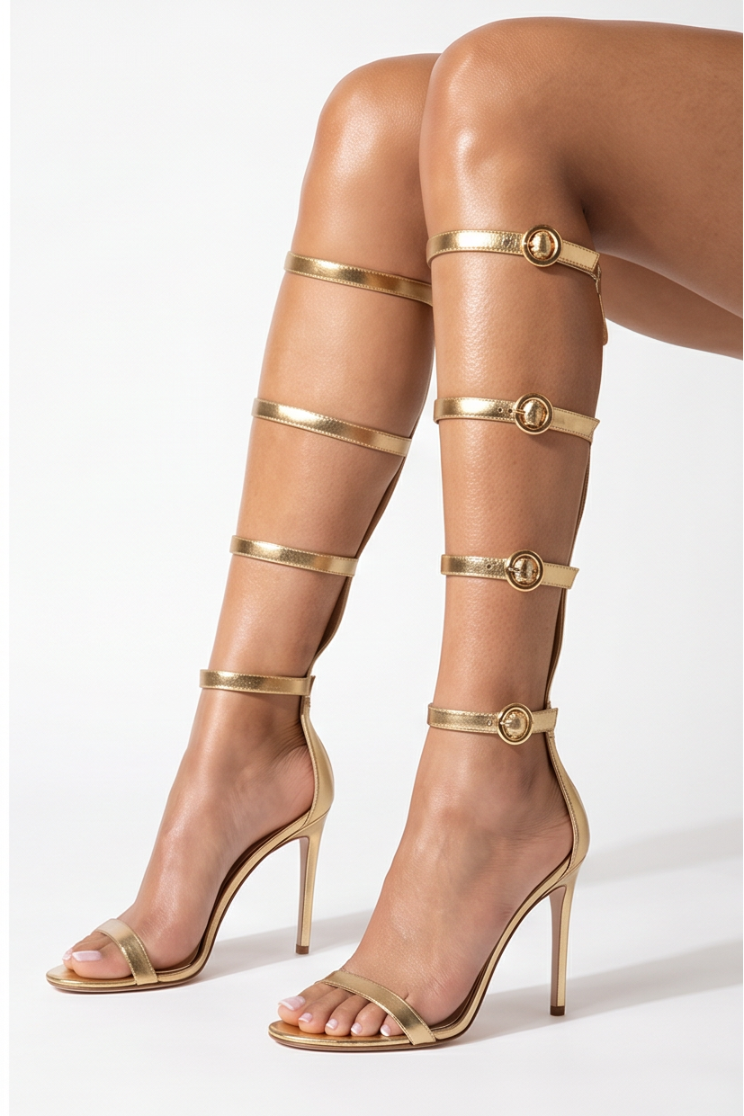 Victoria Knee High Metallic Gladiator High Heel Sandals