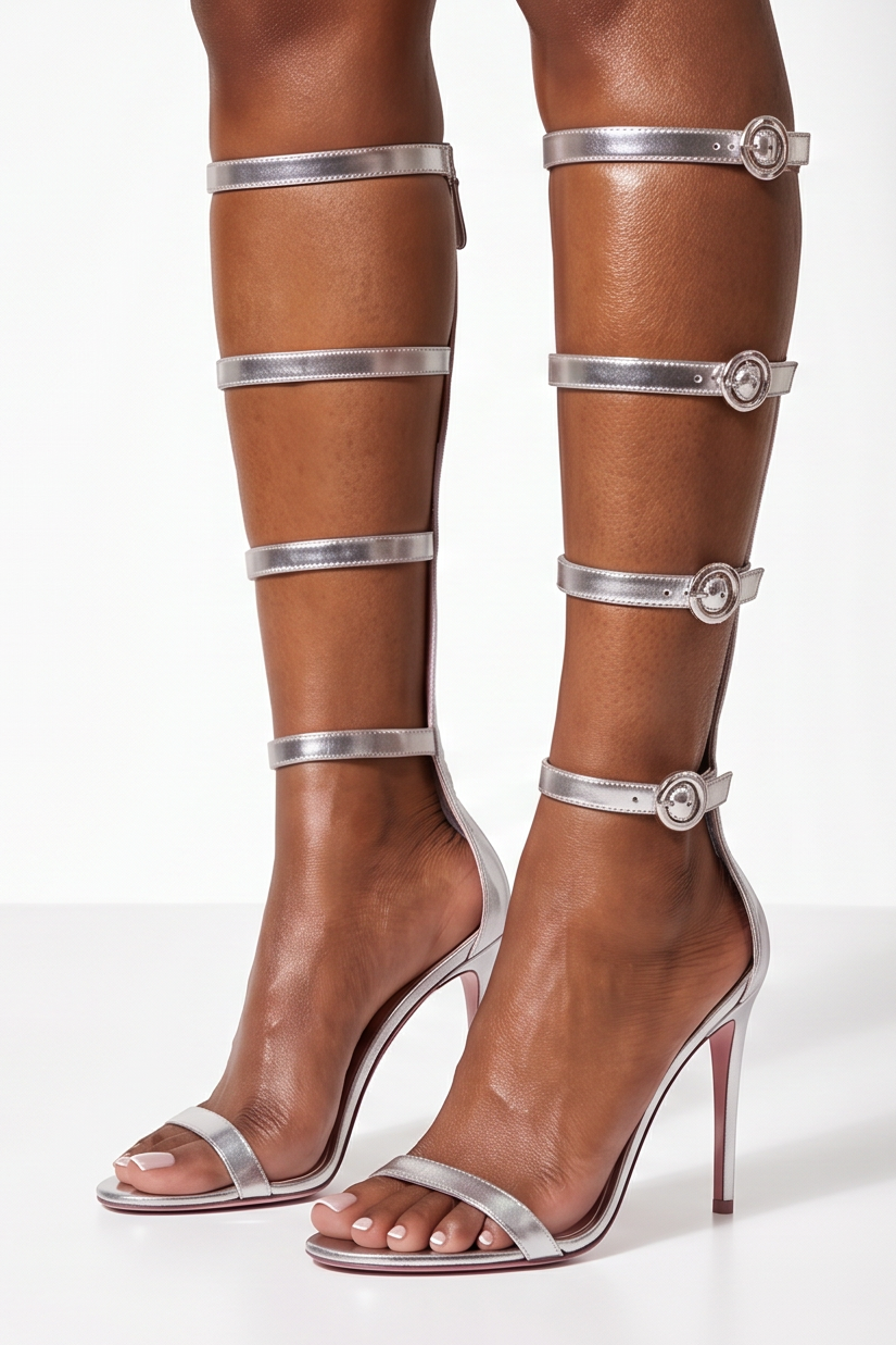 High-heeled SILVER shoes with metallic straps on a white background