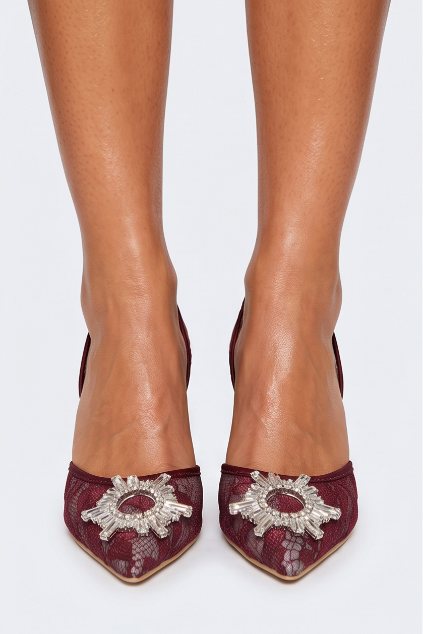 Collage of a woman wearing burgundy high-heeled shoes with decorative elements on a white background.