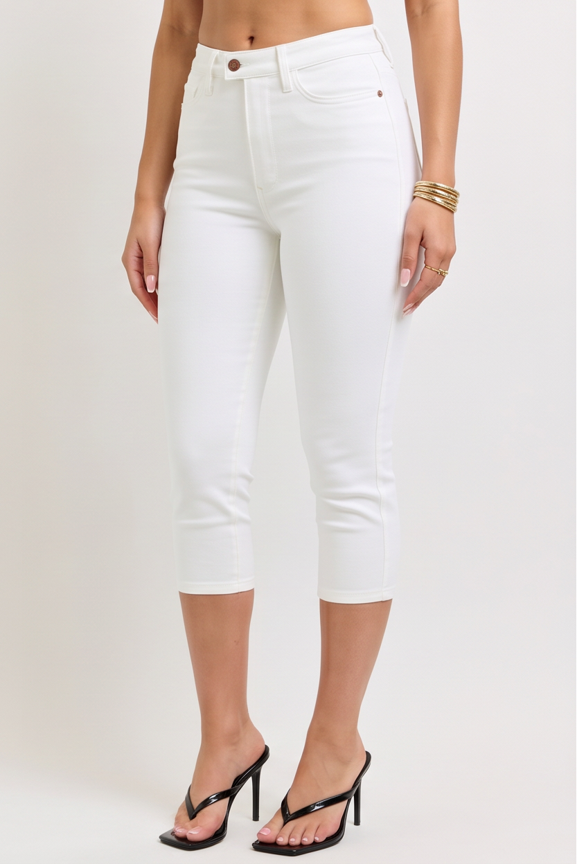White High Waist Extended Waistband Denim Capri
