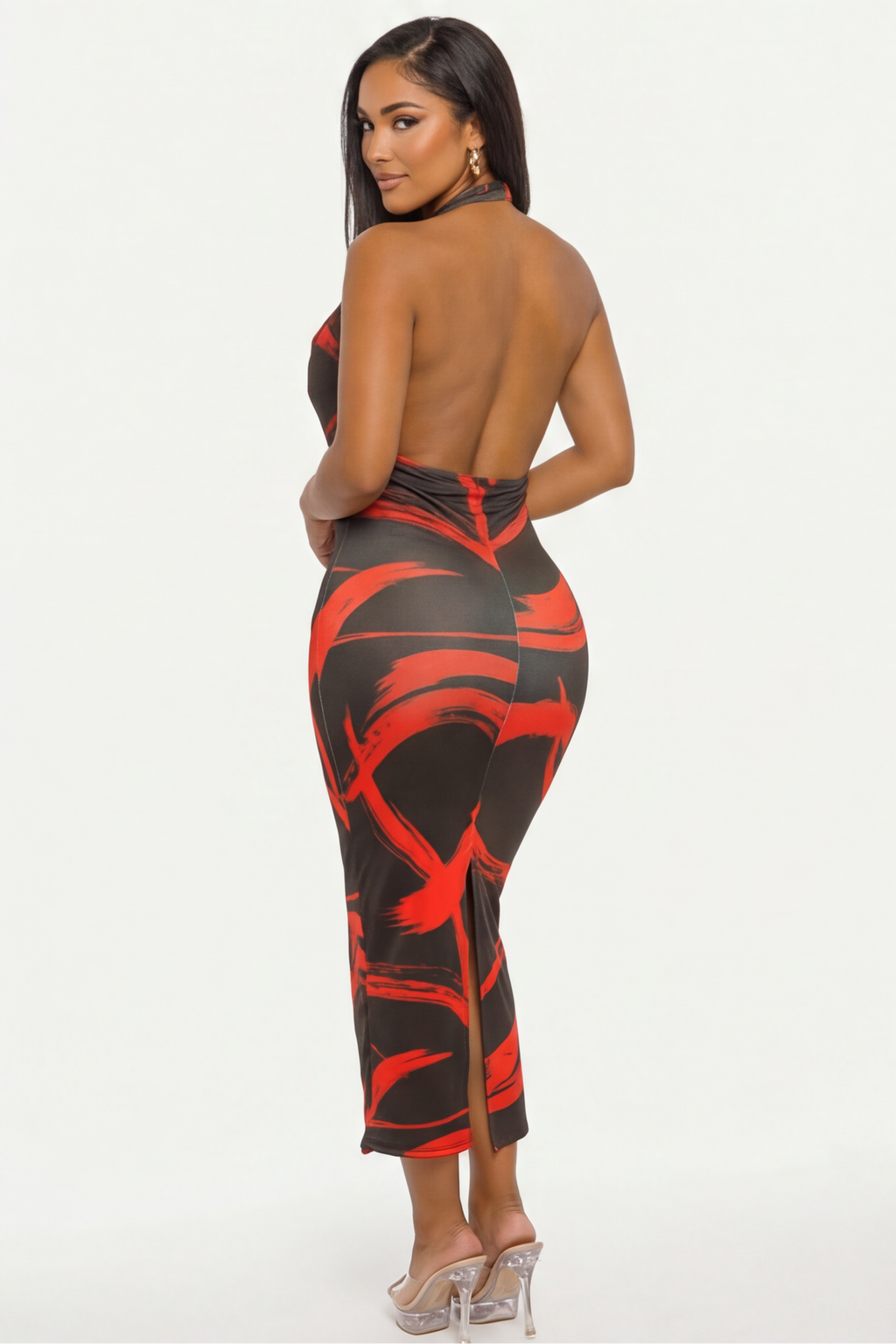 Zafira Stroke Print Cowl Halter Neck Open Back Midi Dress