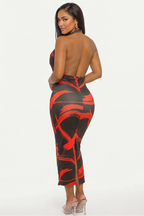 Zafira Stroke Print Cowl Halter Neck Open Back Midi Dress