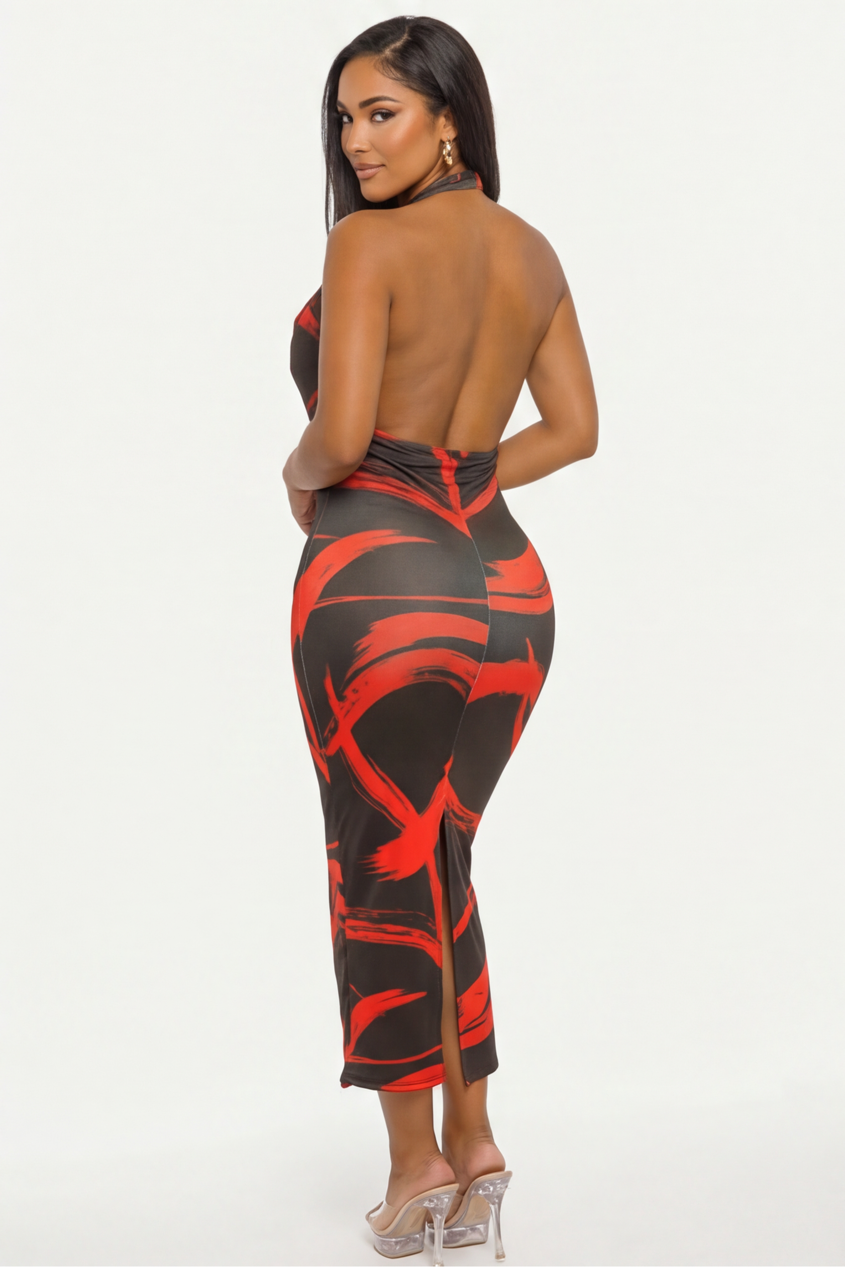 Zafira Stroke Print Cowl Halter Neck Open Back Midi Dress