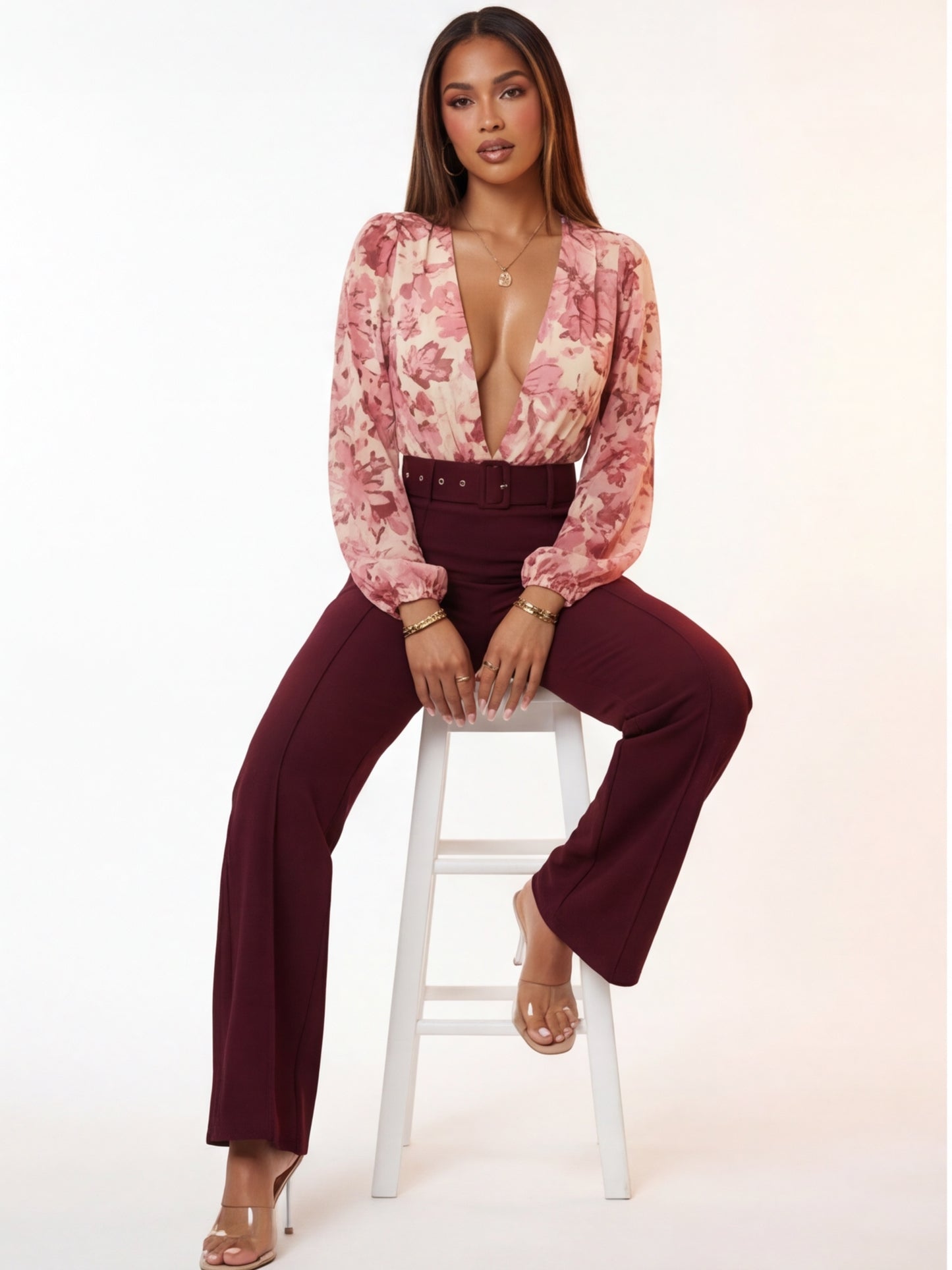 Nina Buckle Belt Flare Leg High Waisted Pants