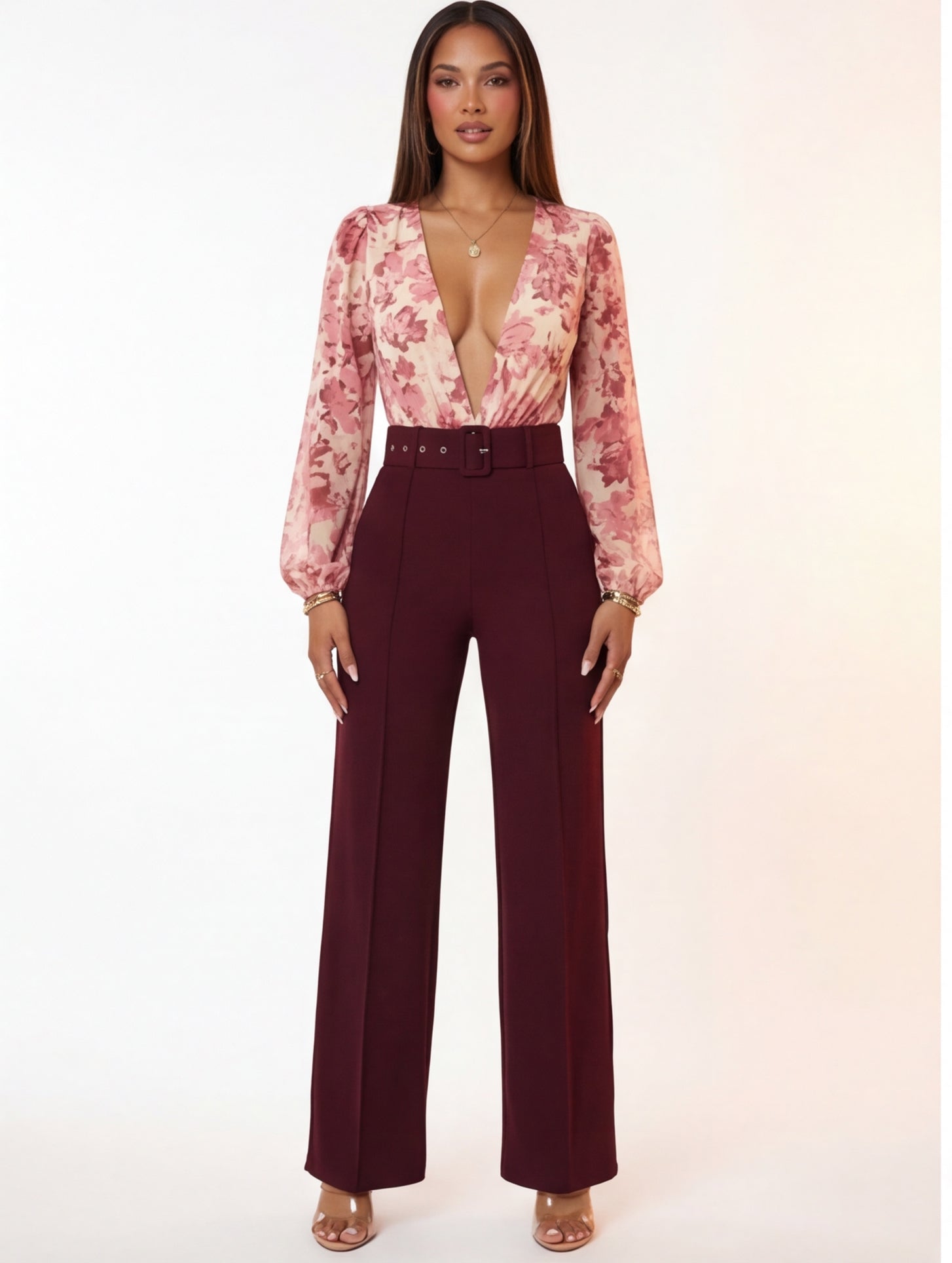 Nina Buckle Belt Flare Leg High Waisted Pants