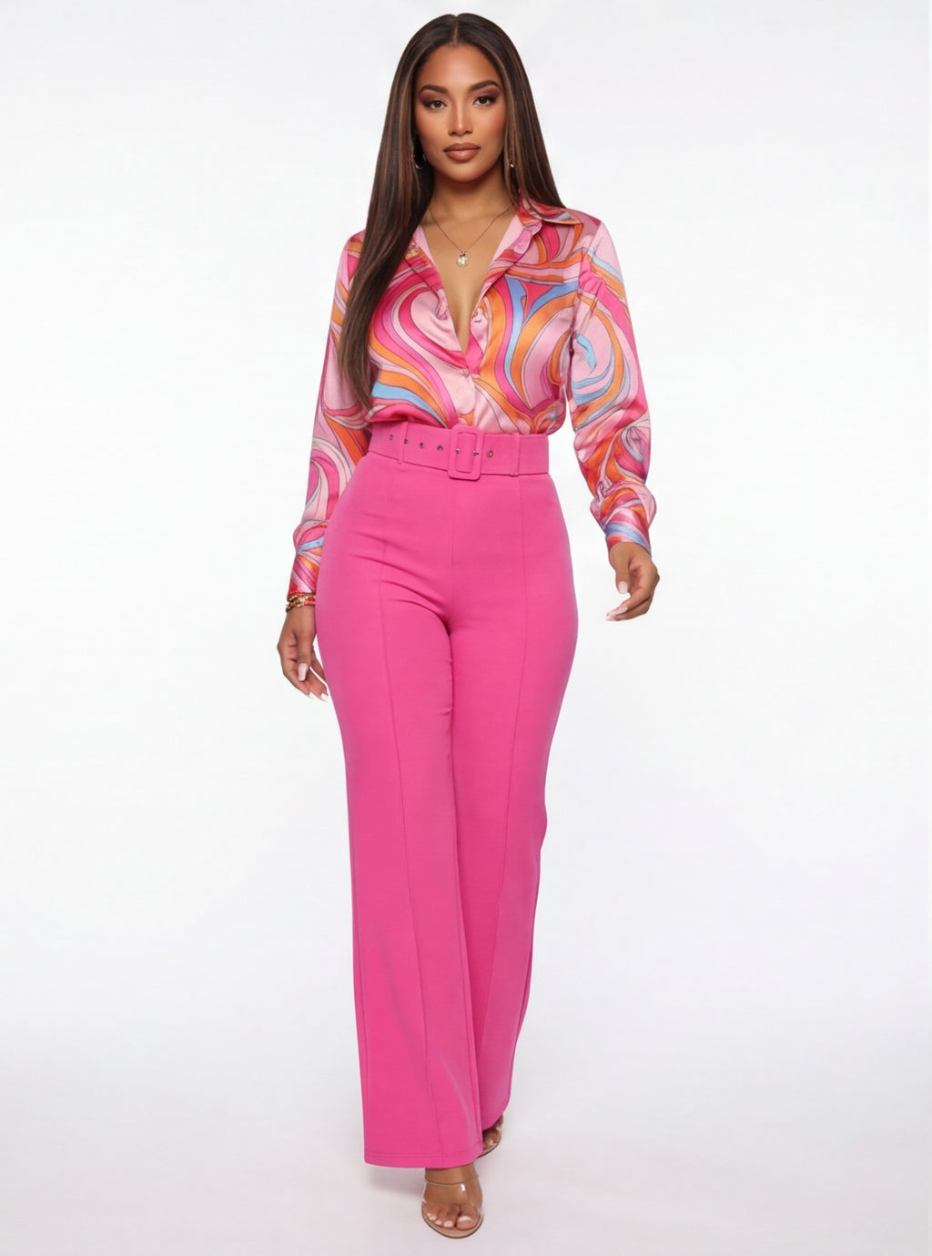 Nina Buckle Belt Flare Leg High Waisted Pants