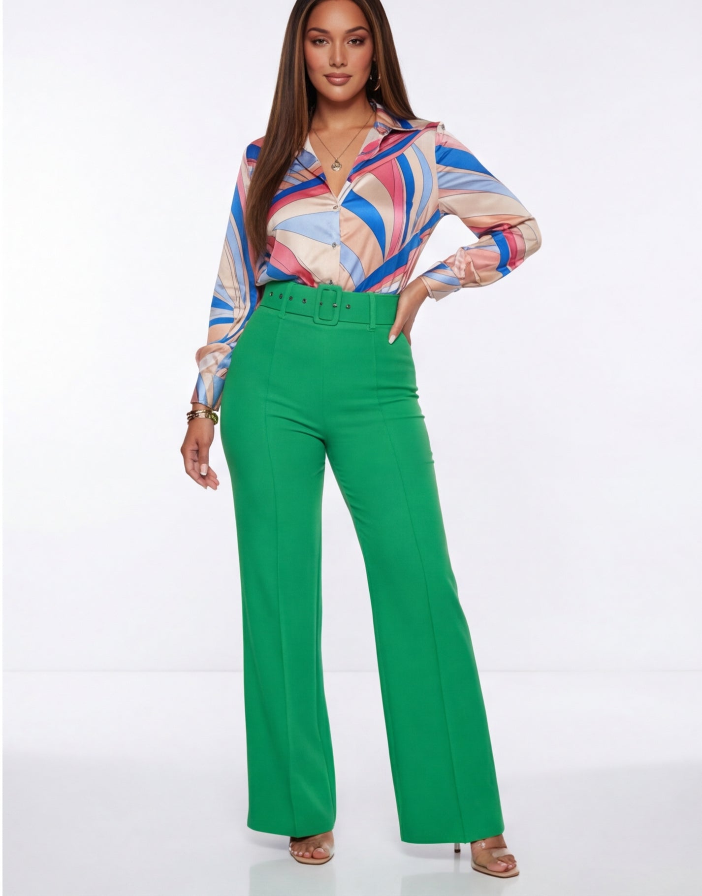 Nina Buckle Belt Flare Leg High Waisted Pants