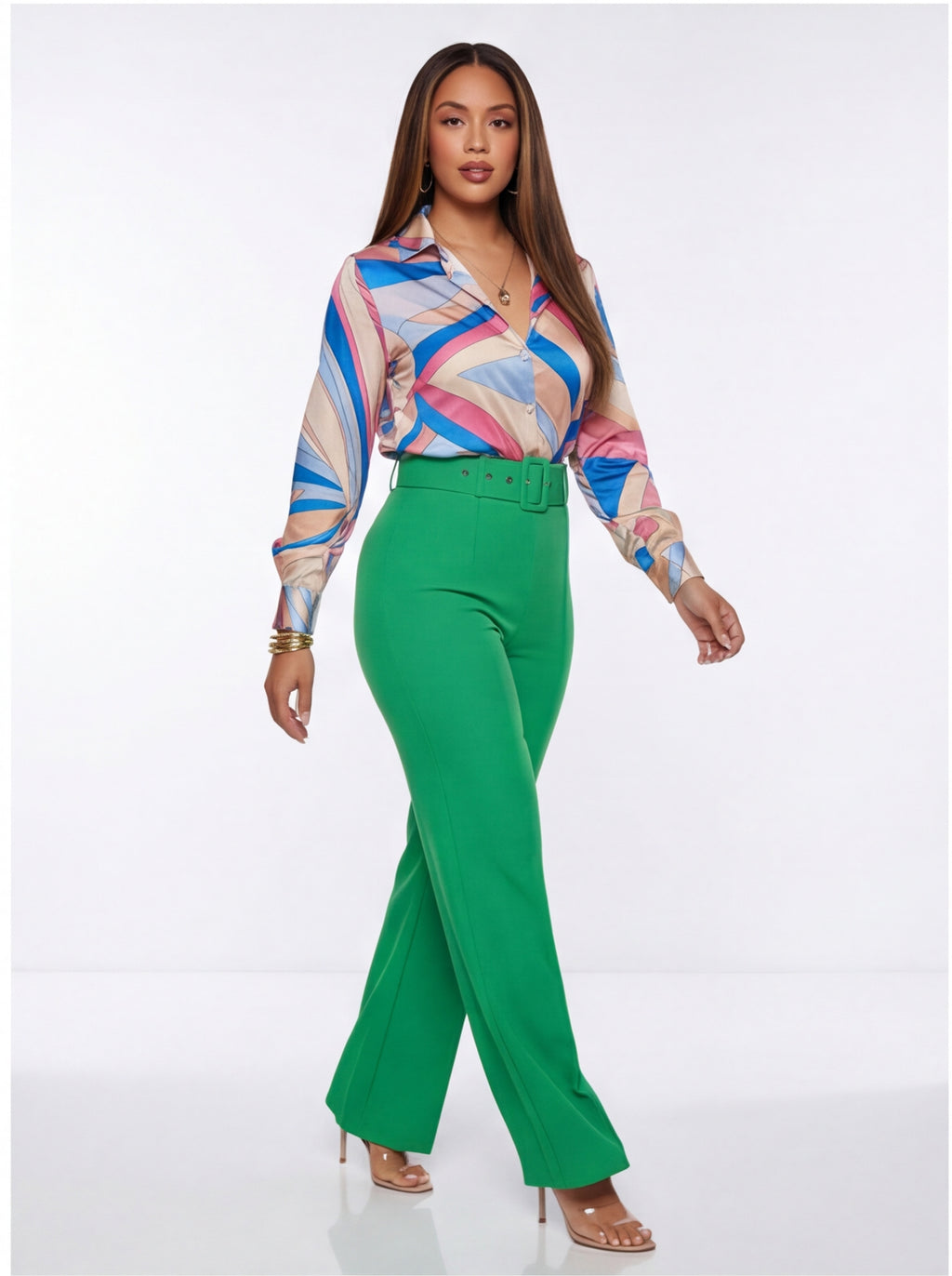 Nina Buckle Belt Flare Leg High Waisted Pants