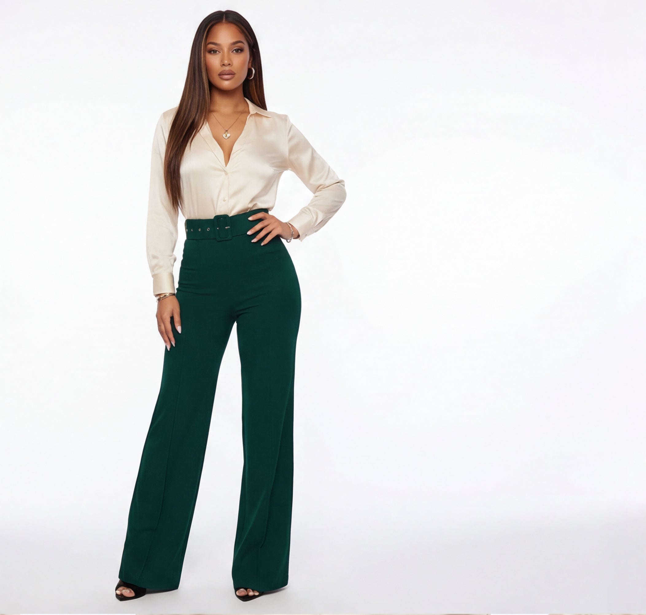 Nina Buckle Belt Flare Leg High Waisted Pants
