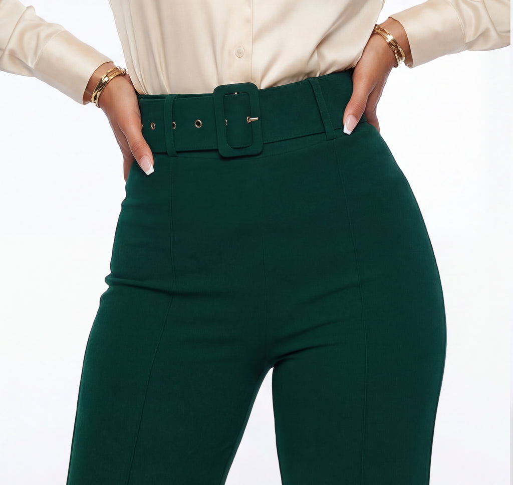 Nina Buckle Belt Flare Leg High Waisted Pants