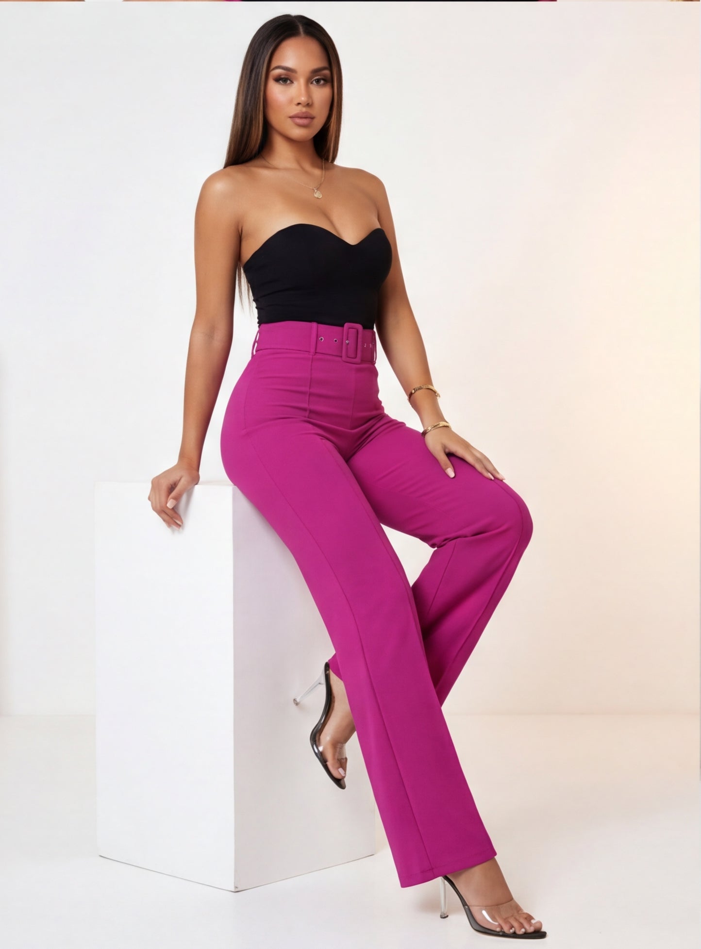 Nina Buckle Belt Flare Leg High Waisted Pants