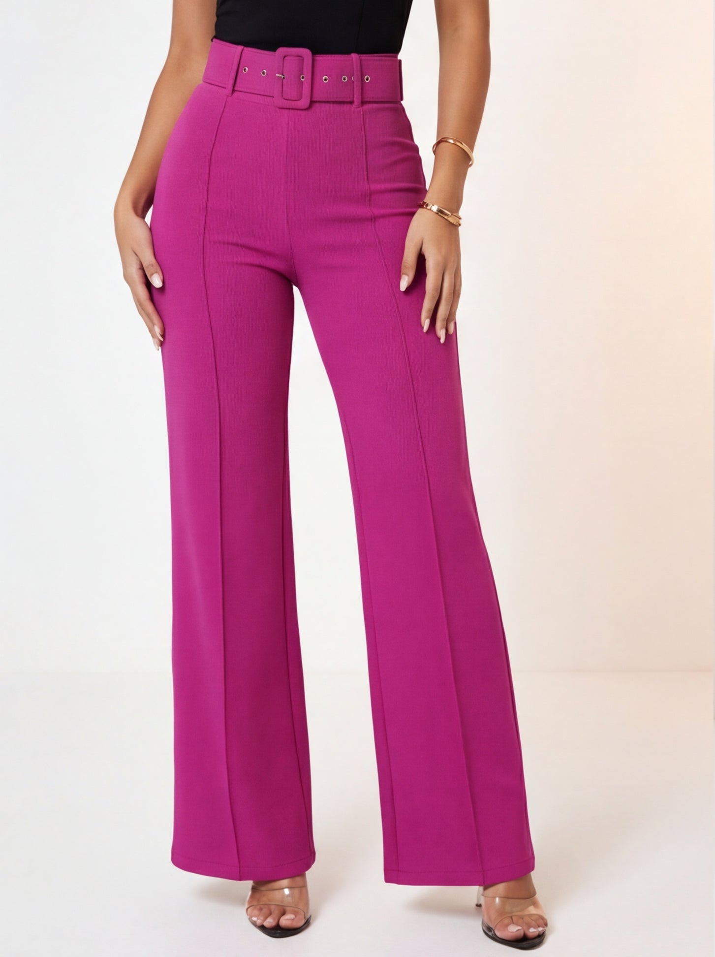 Nina Buckle Belt Flare Leg High Waisted Pants