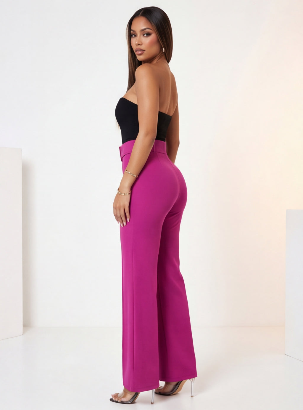Nina Buckle Belt Flare Leg High Waisted Pants