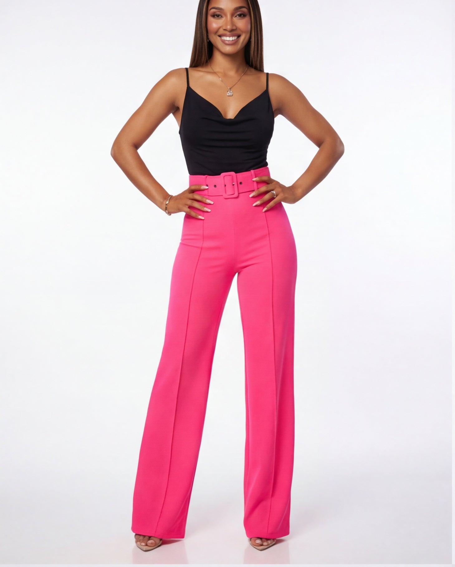 Nina Buckle Belt Flare Leg High Waisted Pants