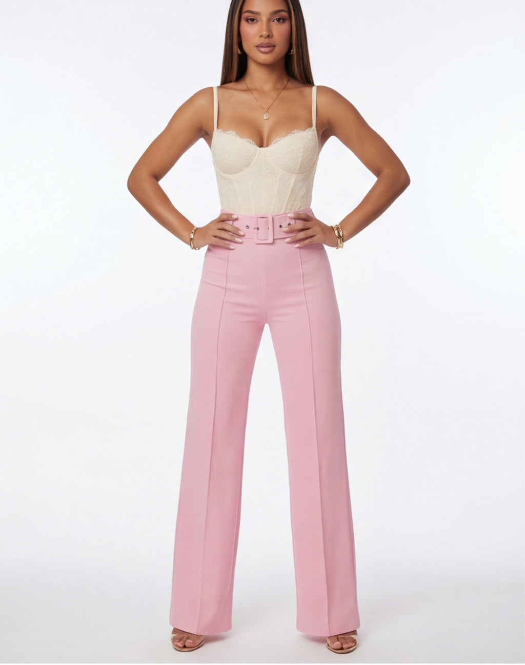 Nina Buckle Belt Flare Leg High Waisted Pants