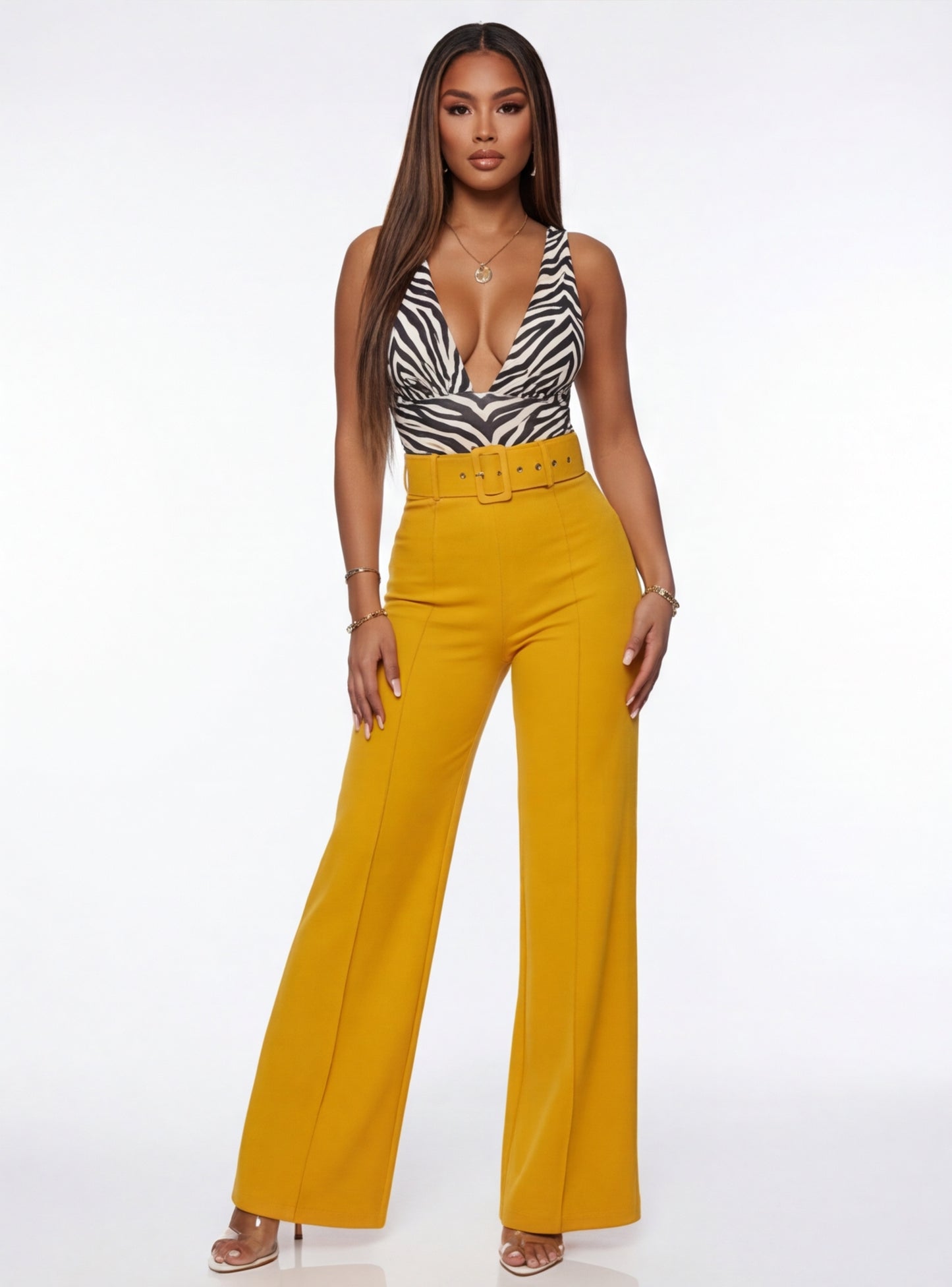 Nina Buckle Belt Flare Leg High Waisted Pants