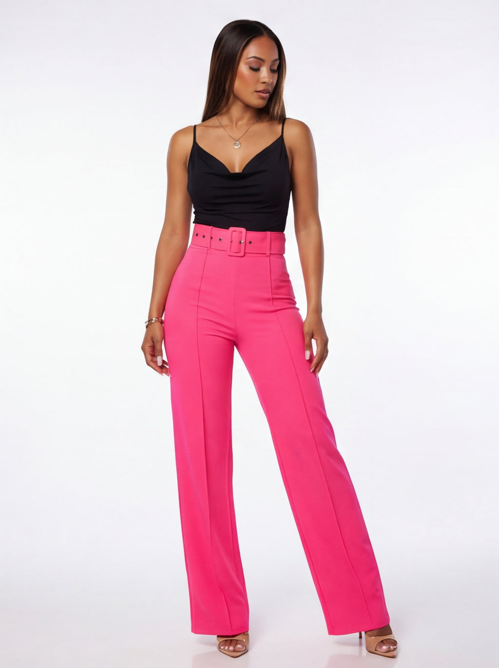 Nina Buckle Belt Flare Leg High Waisted Pants