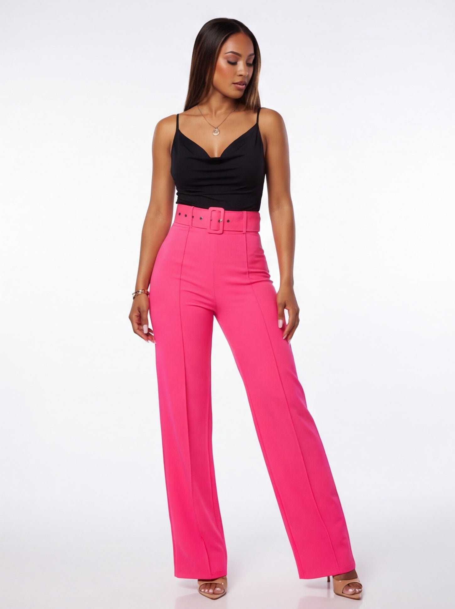Nina Buckle Belt Flare Leg High Waisted Pants