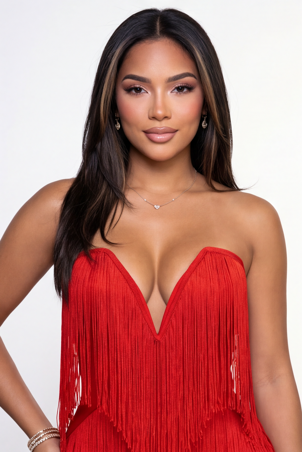 Scarlett Plunge Neck Fringe Strapless Bandage Mini Dress