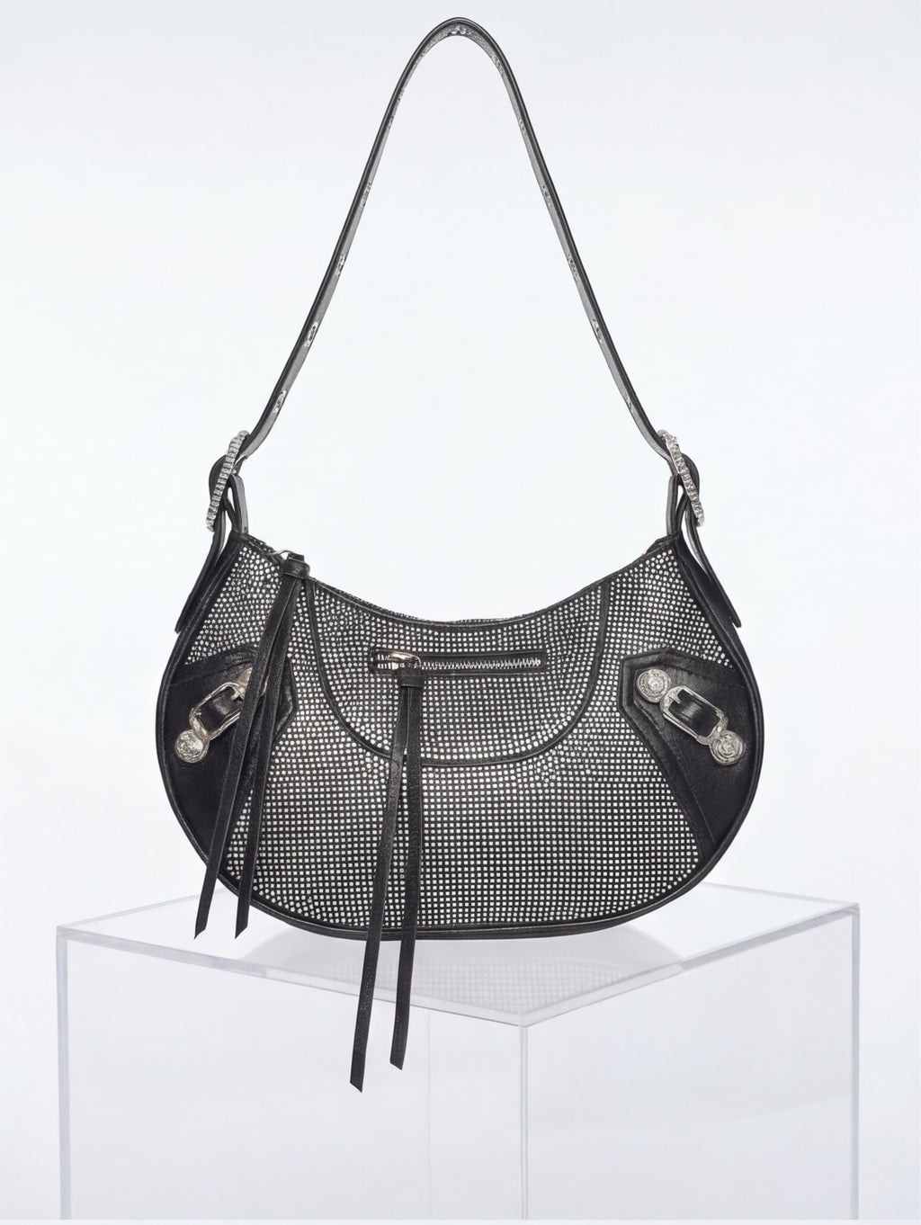 Trina Rhinestones Decor Moto Shoulder Bag